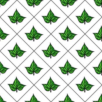 A seamless pattern featuring green leaves arranged in a diamond grid on a white background. The leaves are stylized with defined edges and a vibrant color. vector