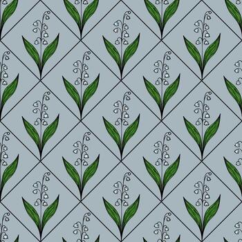 A seamless floral pattern featuring stylized lily of the valley flowers with green leaves on a light blue background. The design is symmetrical and repetitive, creating a harmonious look. vector