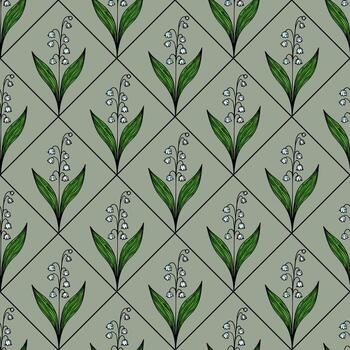 un sin costura floral modelo presentando delicado lirio de el Valle flores con verde hojas en un apagado verde antecedentes. el diseño es arreglado en un diamante cuadrícula disposición, creando un armonioso mirar. vector