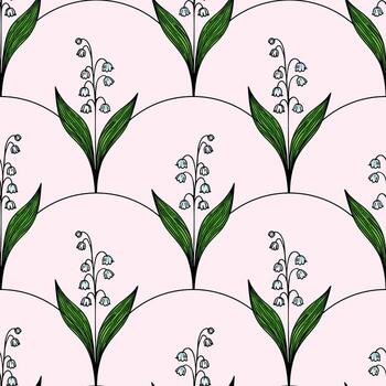 A seamless floral pattern featuring stylized lily of the valley flowers with green leaves on a soft pink background. The design is symmetrical and repetitive, creating a delicate and elegant look. vector