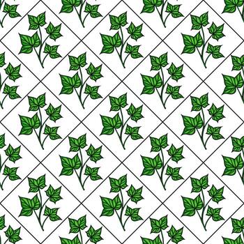 A seamless pattern featuring green ivy leaves arranged in a diamond grid on a white background. The design is vibrant and suitable for various decorative purposes. vector