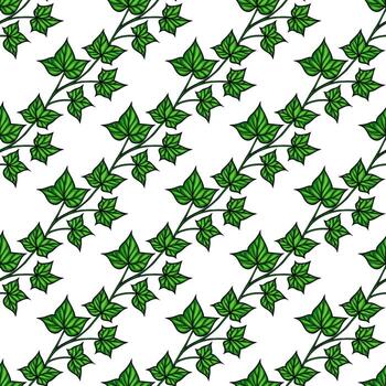 A seamless pattern featuring green ivy leaves on a white background. The design showcases various sizes and orientations of the leaves, creating a lush and vibrant look. vector