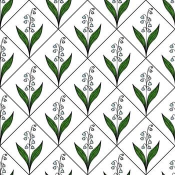 un sin costura modelo presentando delicado lirio de el Valle flores con verde hojas en un blanco fondo, arreglado en un diamante cuadrícula disposición. vector
