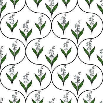 A seamless pattern featuring delicate lily of the valley flowers with green leaves, arranged in a repeating circular design on a white background. vector