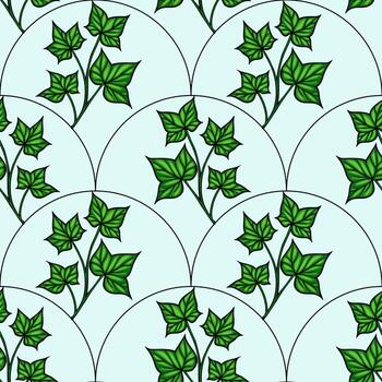 A seamless pattern featuring green ivy leaves arranged in circular sections on a light blue background. The design is intricate and botanical, suitable for textiles or wallpapers. vector