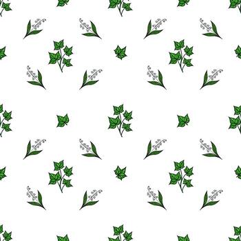A seamless pattern featuring green leaves and white flowers on a white background. The design includes various leaf shapes and clusters of small flowers, creating a fresh and natural look. vector