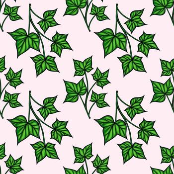 un sin costura modelo presentando verde hiedra hojas en un ligero rosado antecedentes. el diseño vitrinas varios hiedra hoja formas y preparativos, creando un natural y Fresco estético. vector