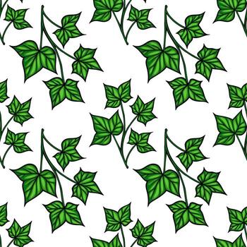 A seamless pattern featuring green ivy leaves on a white background. The leaves are detailed with varying shapes and sizes, creating a natural and vibrant design. vector