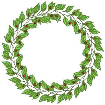 A circular wreath made of green leaves and small red berries, creating a natural and festive appearance. The design is symmetrical and can be used for decoration or framing text. vector