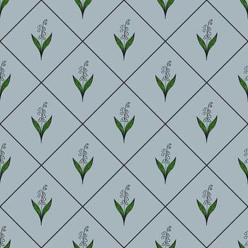 un sin costura modelo presentando estilizado verde plantas con delicado blanco flores en un ligero azul antecedentes. el diseño es arreglado en un diamante cuadrícula disposición, creando un armonioso mirar. vector