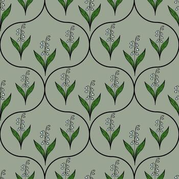 A seamless pattern featuring stylized lily of the valley flowers with green leaves on a muted green background. The design is enclosed in circular shapes. vector
