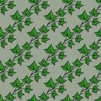 A seamless pattern featuring green ivy leaves on a muted green background. The design showcases various sizes and orientations of the leaves, creating a natural and organic feel. vector