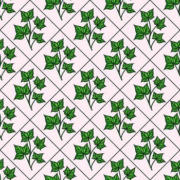 A seamless pattern featuring green ivy leaves on a light pink background, arranged in a diamond grid layout. The leaves are detailed and vibrant, creating a fresh and natural look. vector