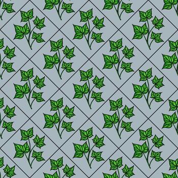 A seamless pattern featuring green ivy leaves on a lightblue background, arranged in a diamond grid layout. The design is vibrant and suitable for various decorative uses. vector