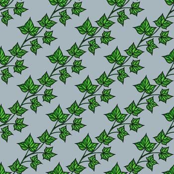 A seamless pattern featuring green ivy leaves on a lightblue background. The design showcases various sizes and orientations of the leaves, creating a natural and organic feel. vector