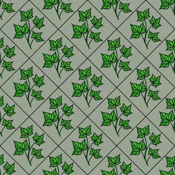 A seamless pattern featuring green ivy leaves arranged in a diamond grid on a muted green background. The leaves are detailed with veins and varying sizes, creating a natural and organic feel. vector