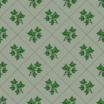 un sin costura modelo presentando verde hiedra hojas en un apagado verde antecedentes. el diseño es repetitivo, exhibiendo varios preparativos de el hojas. vector