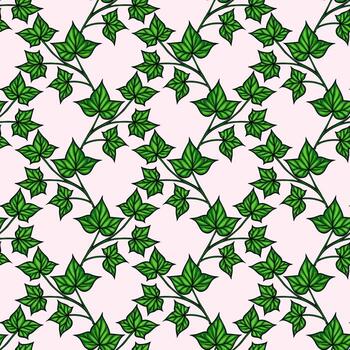 A seamless pattern featuring green ivy leaves on a soft pink background. The design showcases a variety of ivy leaf shapes and sizes, creating a lush, natural aesthetic. vector