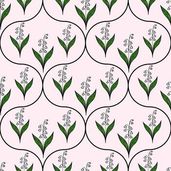 A seamless pattern featuring delicate lily of the valley flowers with green leaves on a soft pink background. The design is enclosed in circular shapes with black outlines. vector