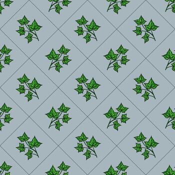 un sin costura modelo presentando verde hiedra hojas en un azul claro antecedentes. el diseño es repetitivo, exhibiendo varios preparativos de el hojas en un cuadrícula disposición. vector