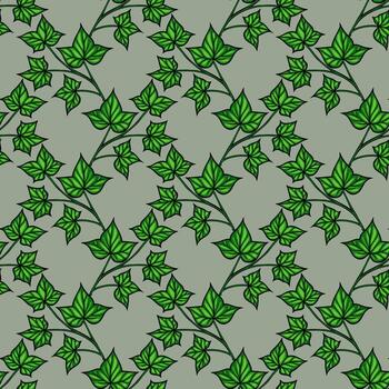 A seamless pattern featuring green ivy leaves on a soft green background. The design showcases various sizes and orientations of the leaves, creating a natural and organic feel. vector