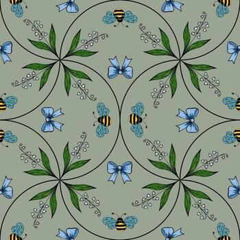 un sin costura modelo presentando abejas, azul arcos, y verde hojas en un apagado verde antecedentes. el diseño es simétrico y floral, creando un caprichoso y inspirado en la naturaleza mirar. vector