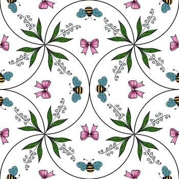 un sin costura modelo presentando abejas, flores, y arcos el diseño incluye vistoso abejas, rosado arcos, y verde hojas arreglado en un simétrico diseño en un blanco antecedentes. vector