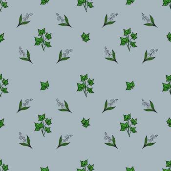 A seamless pattern featuring various green leaves and small floral elements on a lightblue background. The design is simple and elegant, suitable for textiles or wallpapers. vector