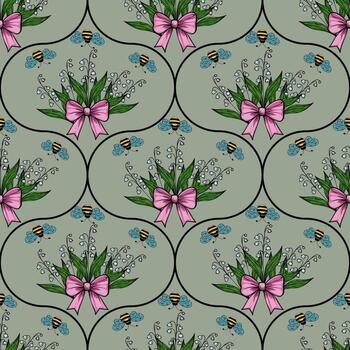 A repeating pattern featuring bouquets of flowers with pink bows, surrounded by bees and butterflies, set against a muted green background. vector