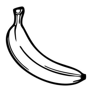 A simple black and white illustration of a banana, showcasing its curved shape and distinctive features. vector