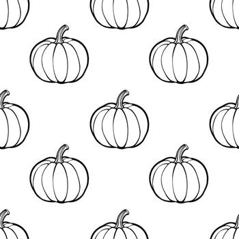 un sin costura modelo presentando dibujado a mano contorno calabazas en un blanco antecedentes. el calabazas son representado en varios tamaños y orientaciones, creando un caprichoso otoño sentir. vector
