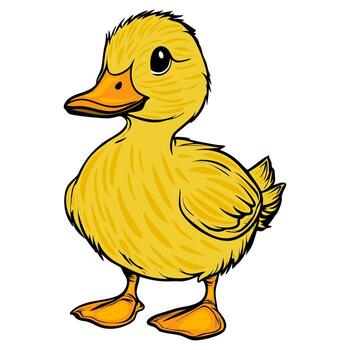 un linda , estilo de dibujos animados amarillo anadón con un redondo cuerpo, mullido plumas, y un alegre expresión. el anadón soportes vertical con sus alas ligeramente aumentó. vector