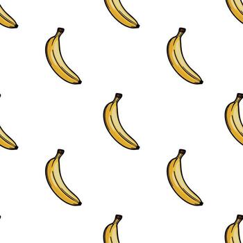 A seamless pattern featuring multiple yellow bananas on a white background. The bananas are illustrated in a playful and cartoonish style, evenly spaced throughout the design. vector