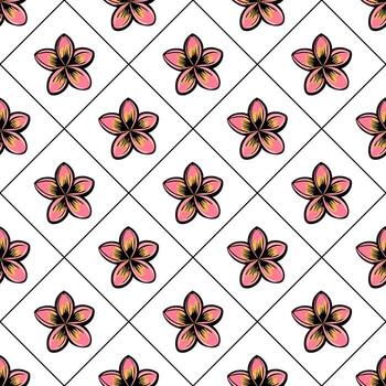 un sin costura modelo presentando rosado y amarillo flores arreglado en un diamante cuadrícula en un blanco antecedentes. el flores tener negro contornos, creando un vibrante y alegre diseño. vector