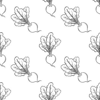A seamless pattern featuring hand-drawn beets with leafy greens on a white background. The design is simple and elegant, suitable for various applications. vector
