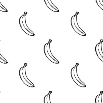 A seamless pattern featuring hand-drawn bananas on a white background. The bananas are outlined in black, creating a minimalist and playful design. vector