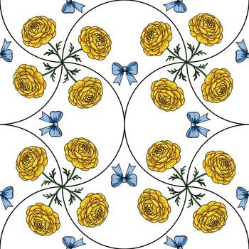 un sin costura modelo presentando amarillo rosas y azul arcos en un blanco antecedentes. el diseño es simétrico, con rosas arreglado en un circular patrón, complementado por delicado verde hojas. vector
