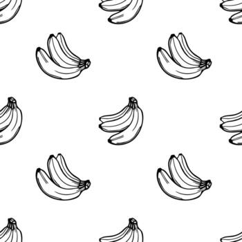 A seamless pattern featuring hand-drawn bananas in various orientations on a white background. The design is simple and playful, ideal for textiles or wallpaper. vector