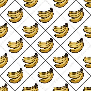 un sin costura modelo presentando dibujado a mano bananas arreglado en un cuadrícula en un blanco antecedentes. el bananas son brillante amarillo con un leve sombra, dando ellos un juguetón y vibrante mirar. vector