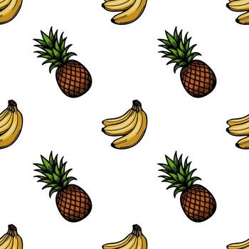 A seamless pattern featuring illustrations of pineapples and bananas on a white background. The design is vibrant and playful, suitable for various applications. vector