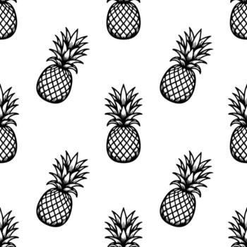 A seamless pattern featuring hand-drawn pineapples on a white background. The pineapples are outlined in black, showcasing their distinctive shape and leaves. vector