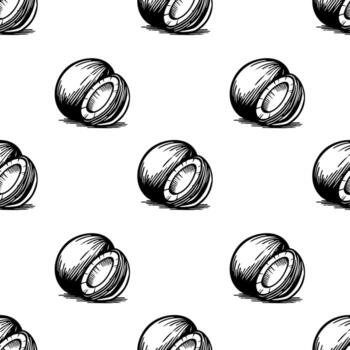 A seamless pattern of hand-drawn coconut in black and white. The coconut are depicted in various orientations, showcasing their round shape and string. vector