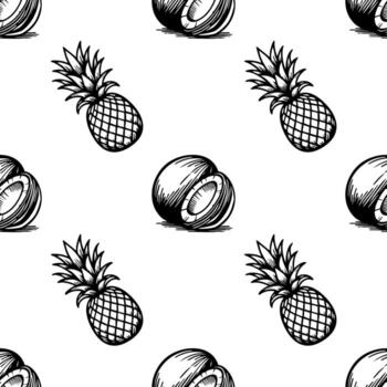 A seamless pattern featuring hand-drawn pineapples and coconut on a white background. The design is playful and suitable for textiles or wallpapers. vector