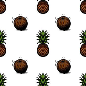 A seamless pattern featuring pineapples and brown coconuts on a white background. The pineapples are illustrated with green leaves and a textured body, while the coconuts are round and brown. vector