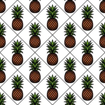 un sin costura modelo presentando estilizado piñas arreglado en un diamante cuadrícula en un blanco antecedentes. cada piña es detallado con verde hojas y un texturizado marrón cuerpo. vector