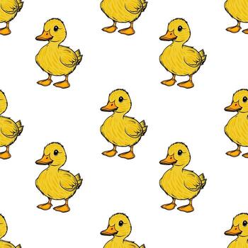 A repeating pattern of cute cartoon yellow ducks on a white background. Each duck is smiling and has a rounded body with small wings and webbed feet. vector