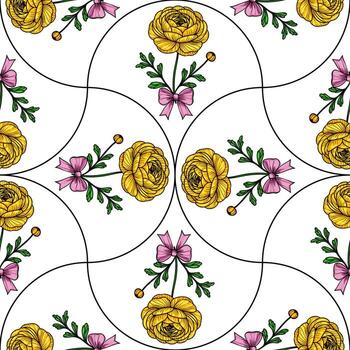 A seamless floral pattern featuring yellow roses and pink bows on a white background. The design is symmetrical with circular outlines, creating a harmonious and elegant look. vector