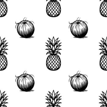 A seamless pattern featuring hand-drawn pineapples and round shapes on a white background. The design is playful and suitable for various applications such as textiles or wallpapers. vector