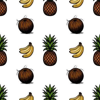 A seamless pattern featuring illustrations of pineapples, bananas, and coconuts on a white background. The fruits are cartoonish and colorful, creating a playful design. vector