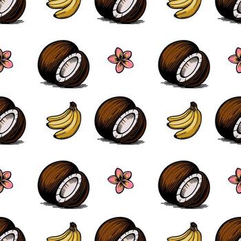 un sin costura modelo presentando cocos, plátanos, y rosado flores plumeria en un blanco antecedentes. el cocos son reducido a la mitad, demostración el blanco carne adentro. vector